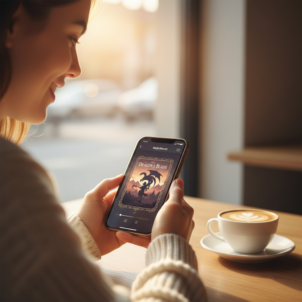 A high-quality, close-up shot of a person reading a web novel on a smartphone in a cozy, sunlit cafe. The screen shows a stylish reader interface with a fantasy book cover, and a latte with latte art is blurred in the background.