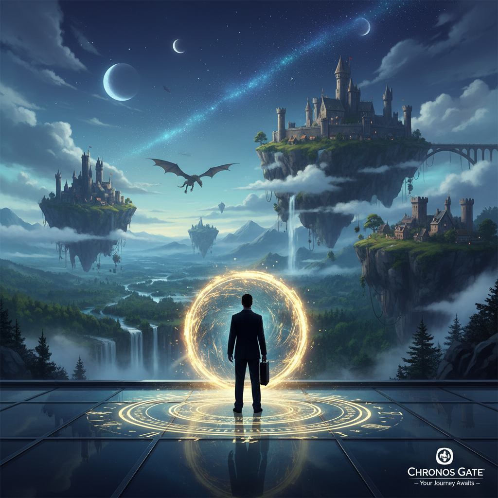A cinematic digital painting representing the 'Transmigration' trope, showing a modern person's silhouette stepping into a glowing magical circle that leads to a medieval fantasy kingdom with floating islands.