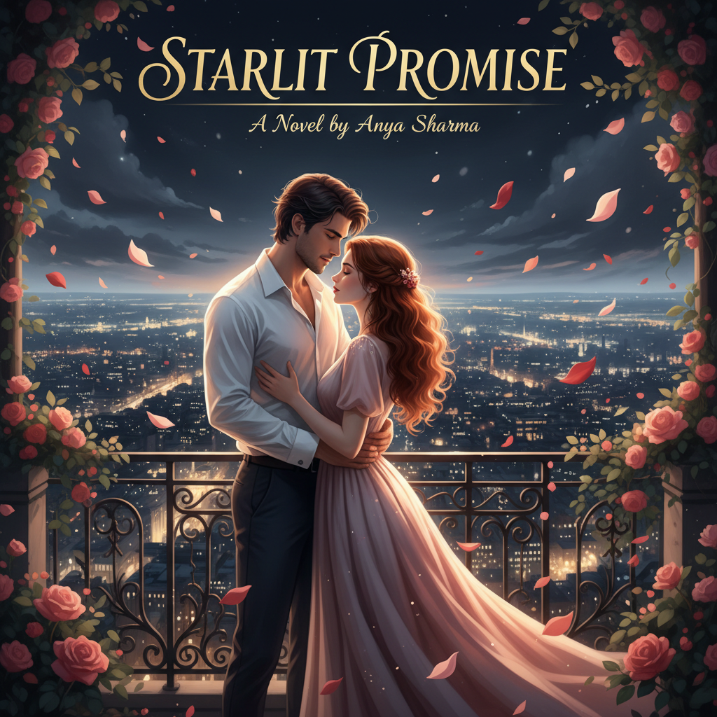 A premium romance web novel cover style illustration, depicting a beautiful couple standing on a balcony overlooking a sparkling city at night, with rose petals fluttering in the wind and soft, ethereal lighting.