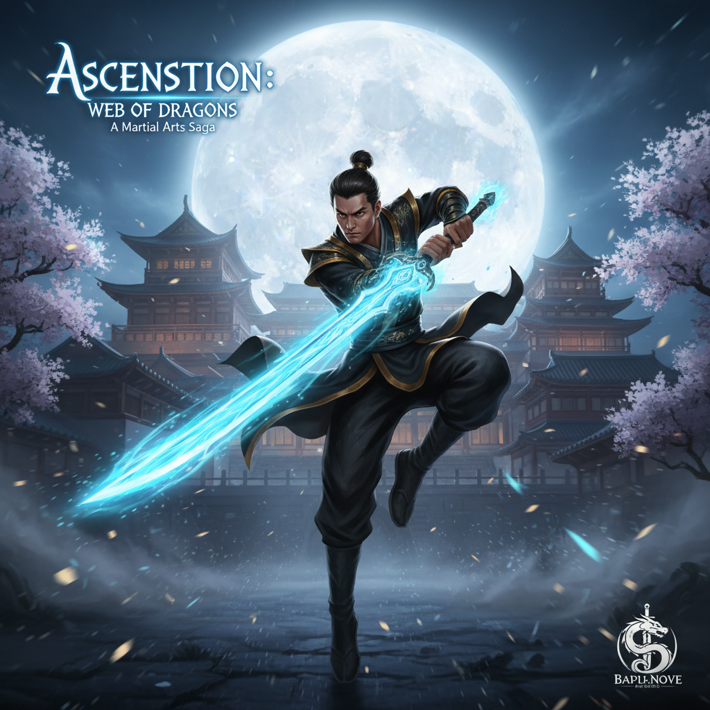 Dynamic action concept art for a martial arts web novel, showing a protagonist wielding a glowing blue energy blade against a backdrop of a traditional oriental palace under a full moon, with high-speed motion blur effects.