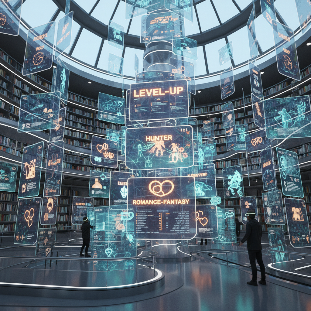 An artistic 3D render of a futuristic digital library where books are replaced by floating holographic screens displaying various web novel genres like Level-up, Hunter, and Romance-Fantasy.