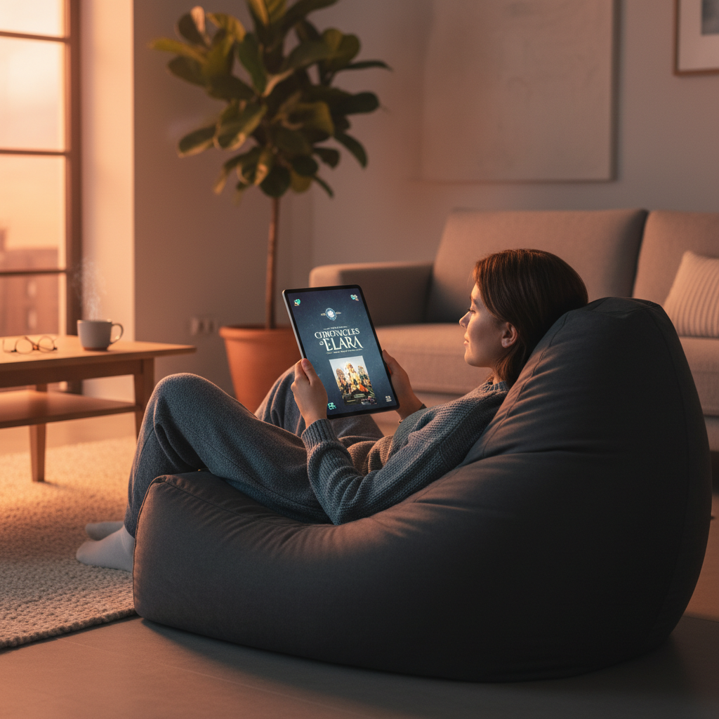 A realistic lifestyle photo of a young adult comfortably lying on a beanbag chair in a modern living room, fully immersed in reading a web novel on a large tablet, with soft ambient evening lighting.