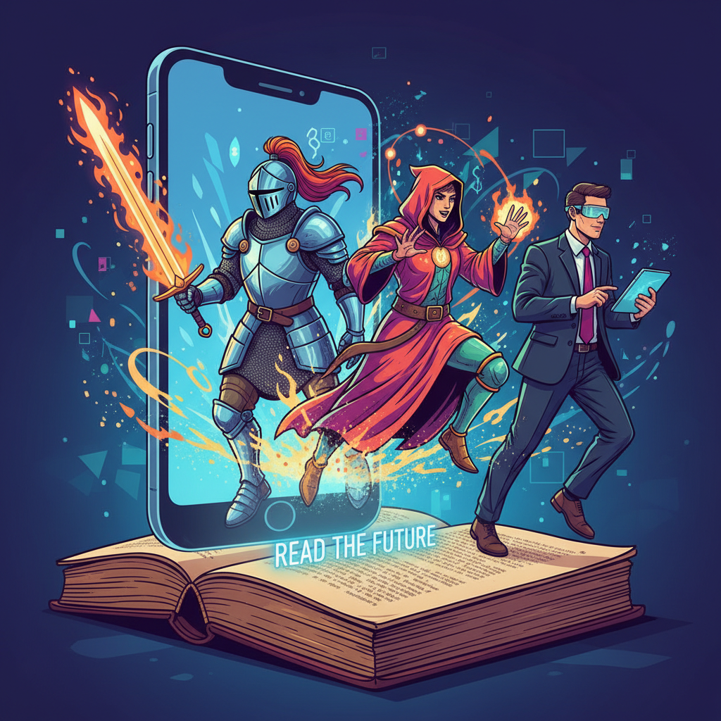 A conceptual illustration showing the transition from a physical book to a digital phone screen, with characters from different genres (knight, mage, office worker) emerging from the screen in a vibrant and colorful art style.